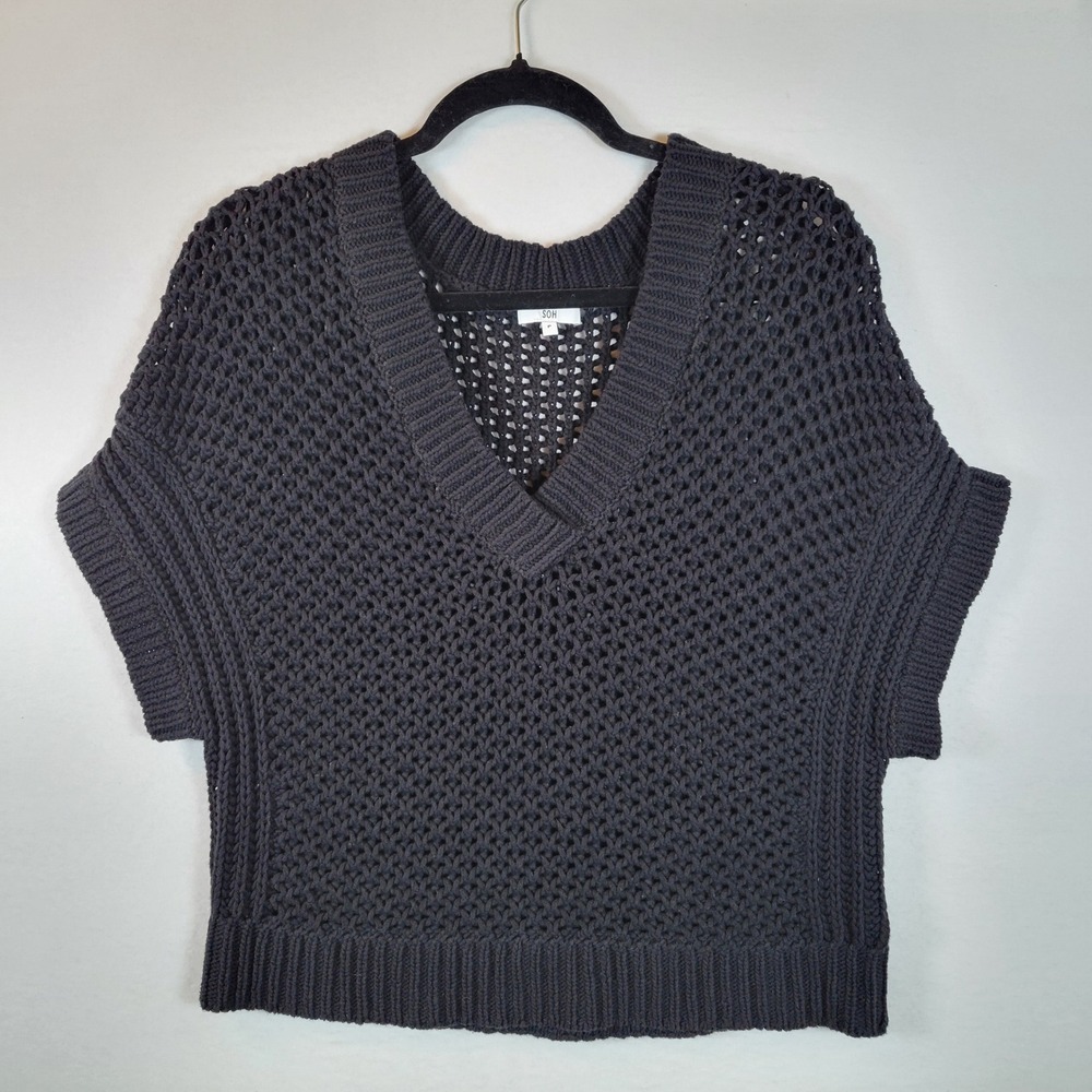 SOH Womens Cotton Open Knit Sweater Top Vest Size Petite Black Grunge Punk Biker